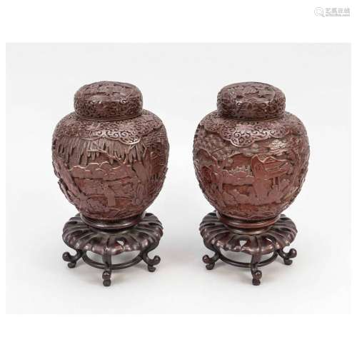Pair of carved lacquer lidded jars,
