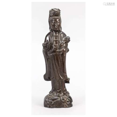 Wooden sculpture standing Guanyin,