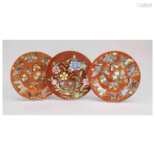 Three red Chinese plates, China, 20