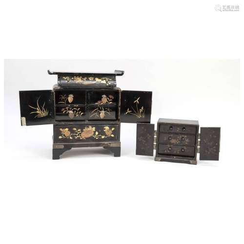 2 black lacquer boxes, Japan, Meiji