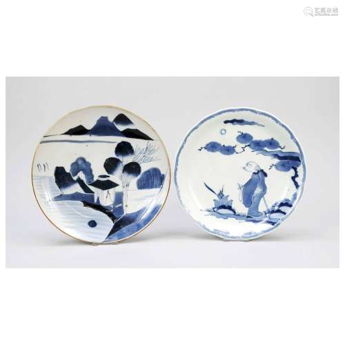 Two rare large sometsuke plates, Ja