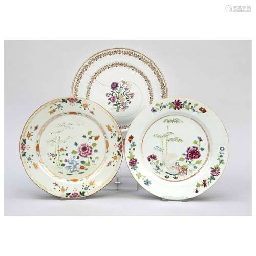 Three export plates famille rose, C