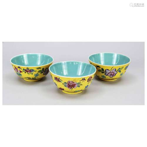 Three yellow fencai bowls, China, 2