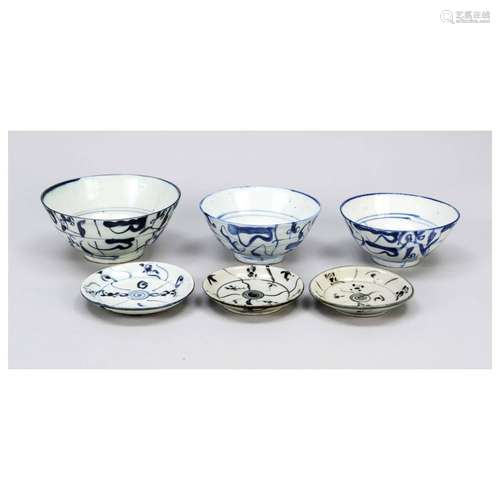 Trio of blue-white plates and bowls