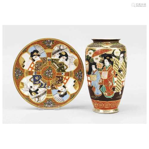 Satsuma plate and vase, Japan, 20th