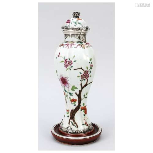 Lidded vase famille rose with silve