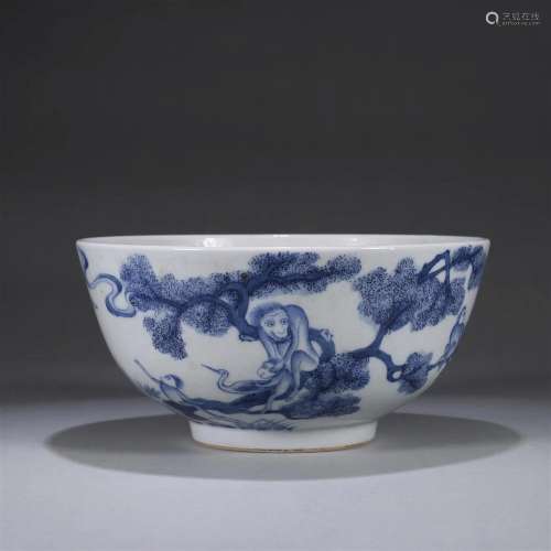 A blue and white crane and monkey porcelain bowl