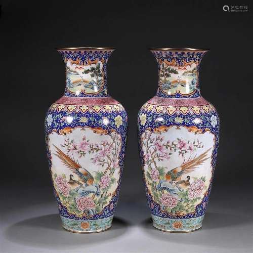 A pair of pheasant patterned copper enamel vases