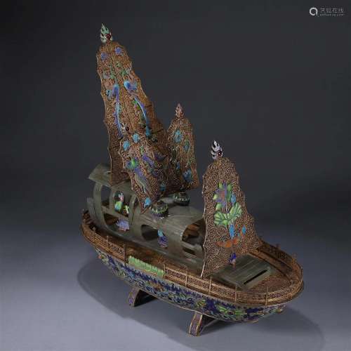 A jade inlaid gilding silver and cloisonne boat ornament