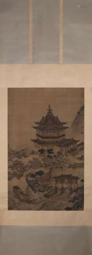 A Chinese painting of figure and pavilion, Unknown mark