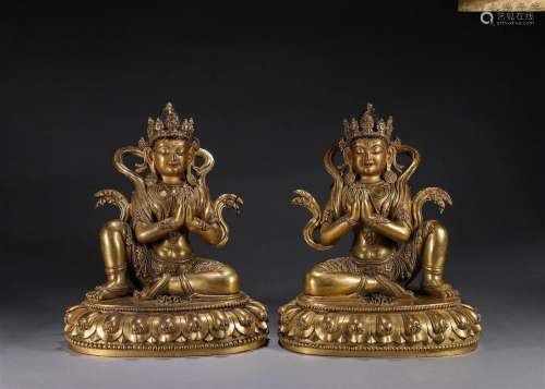 A pair of gilding copper Guanyin bodhisattva statues
