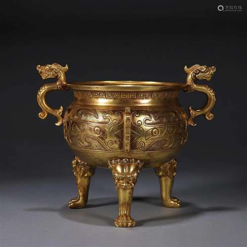 A beast patterned gilding copper censer with dragon shaped e...