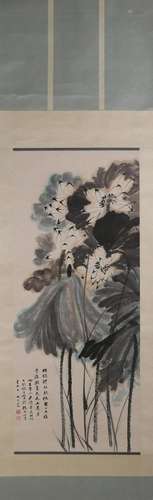 A Chinese lotus painting, Zhang Daqian mark