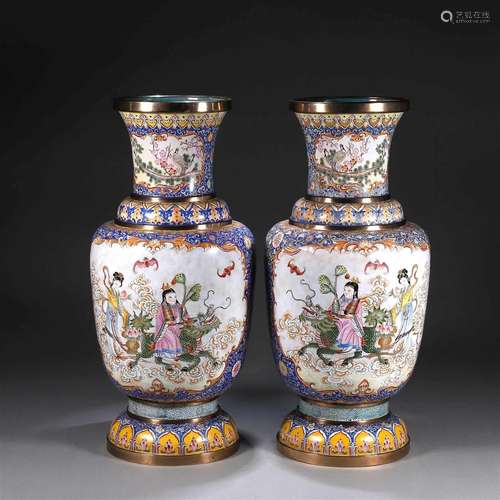 A pair of qilin and figure patterned copper enamel vases