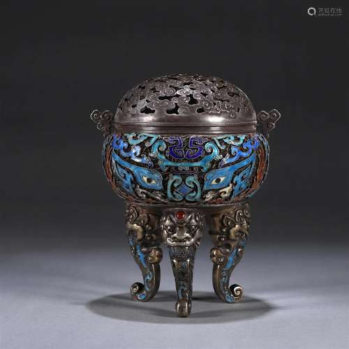 A beast face patterned silver enamel incense burner