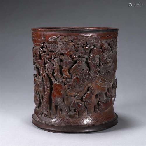 A horse and figure carved bamboo brush pot