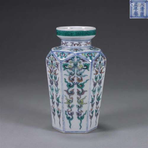 A doucai curly weed porcelain hexagonal vase