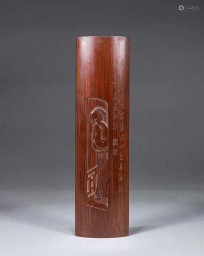 A figure carved bamboo arm rest