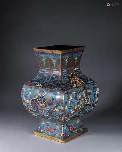 A dragon and phoenix patterned cloisonne zun with lion shape...