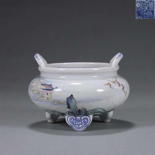 A famille rose crane porcelain censer