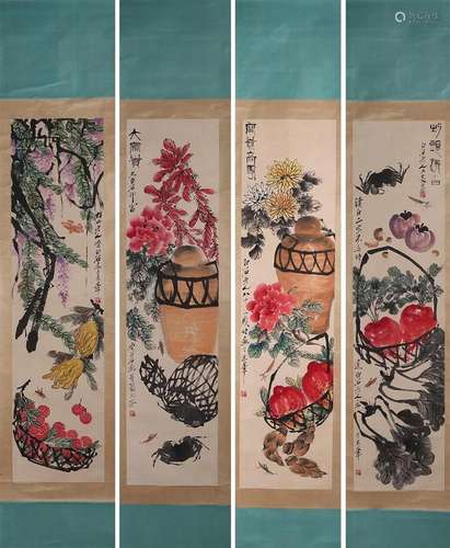 4 scrolls of Chinese flower-and-plant painting, Qi Baishi ma...