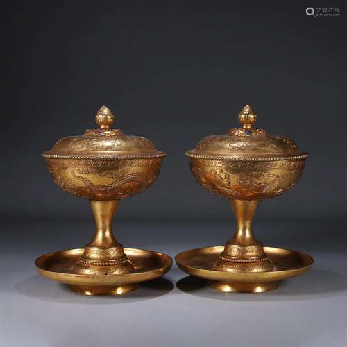 A pair of dragon and phoenix patterned gilding copper cups