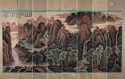 8 scrolls of Chinese landscape painting, Li Keran mark