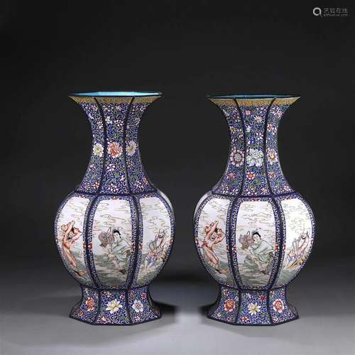 A pair of figure patterned copper enamel beaker vases