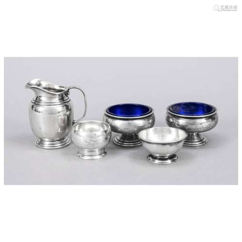 Four salvers and one small jug, 20th
