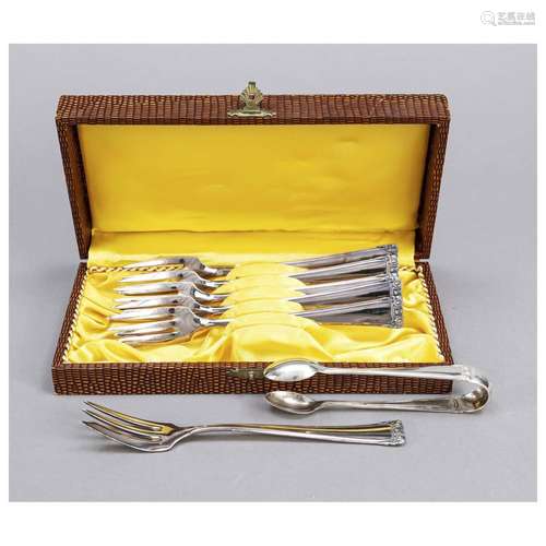 Six cake forks and one sugar tongs, G