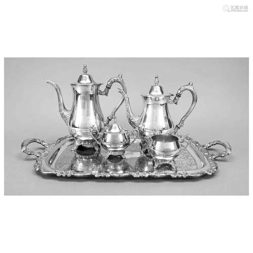 Four-piece coffee and tea pot on tray