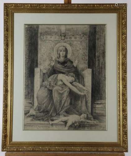 Ecole du XIXe siècle, Pieta, dessin à la pierre noire signé ...