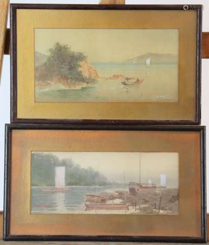 Ecole du XIXe siècle :<br />
Barques sur le rivage, aquarell...