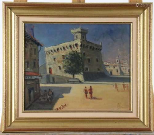 E.BASTOUR (XXe), Place de village, huile sur toile signée en...