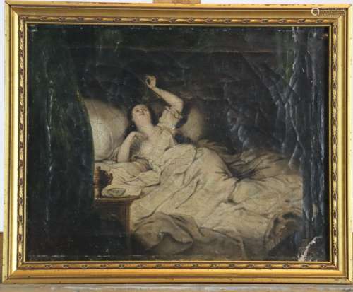 Travail du XIXe siècle, Femme étendue jouant avec son collie...