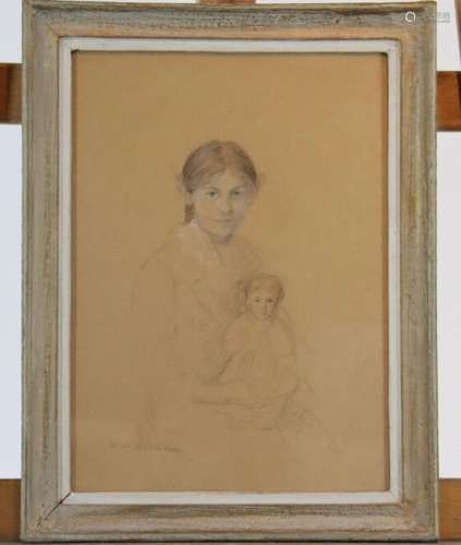 Ecole du XIXe siècle, Portrait d'une fillette tenant sa poup...