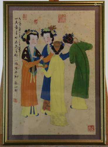 CHINE, XXe siècle, Quatre femmes, peinture sur soie. Dimensi...