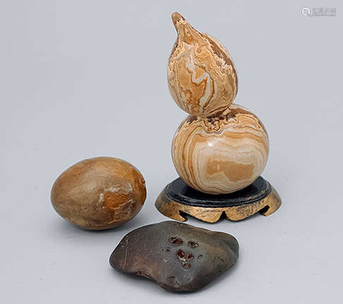 石雕葫蘆 連天然瑪瑙 共三件