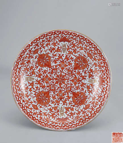 十九世紀 珊瑚紅福壽蓮紋大盤