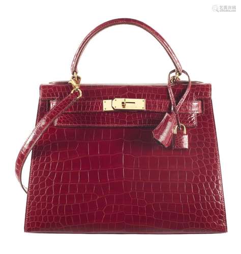 HERMÈS1993Sac KELLY Sellier 28Crocodile d'estuaire lisse Bra...