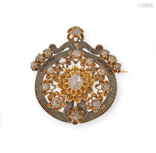 Broche « Rosace » en or jaune émaillé noir, ornée de diamant...