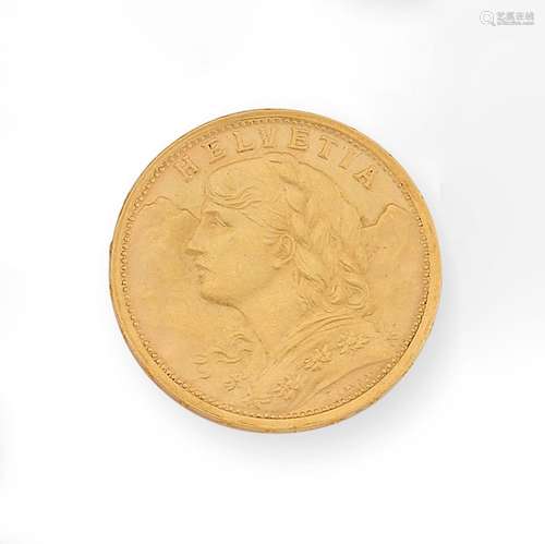 Pièce de 20 Francs Suisse « Helvetia » en or jaune de 1909. ...