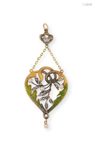 Pendentif en or jaune partiellement verni vert, et argent se...