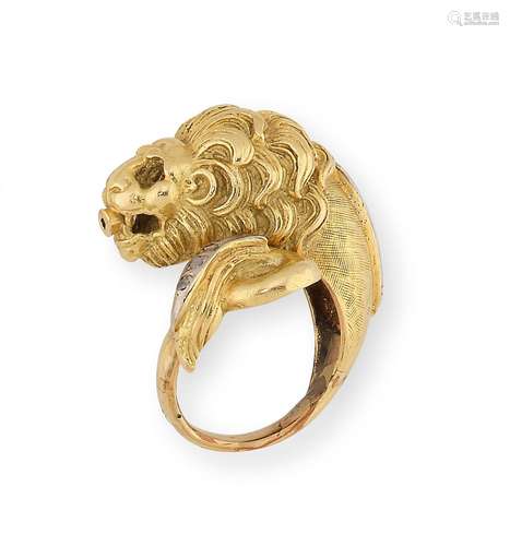 Bague « Tête de lion » en or jaune (14K) et argent ciselés, ...