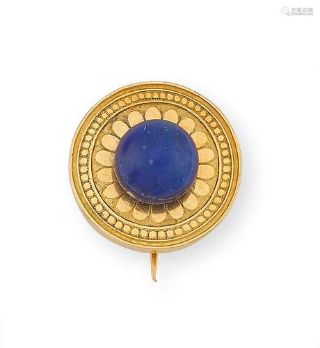 Broche circulaire en or jaune, ornée d’une perle de lapis-la...