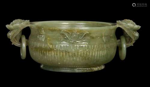 A CHINESE TWIN HANDLED SPINACH JADE CUP, 18TH/19TH CENTURY, ...