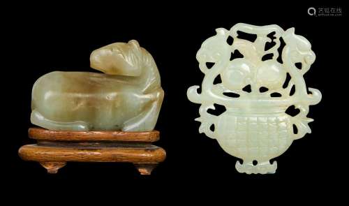 A CHINESE RUSSET JADE RECUMBENT HORSE & WHITE JADE "...