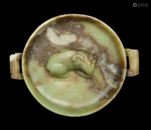 A LARGE CHINESE JADE TWIN HANDLED DISH WITH A RECUMBENT WATE...