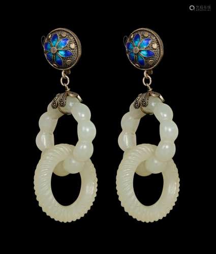 A PAIR OF CHINESE WHITE JADE HOOP EARRINGS, SET ON SILVER &a...
