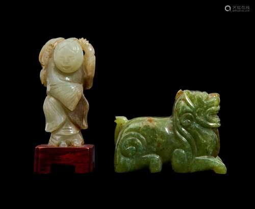 A CHINESE RUSSET JADE FIGURE OF A BOY & A SPINACH JADE F...